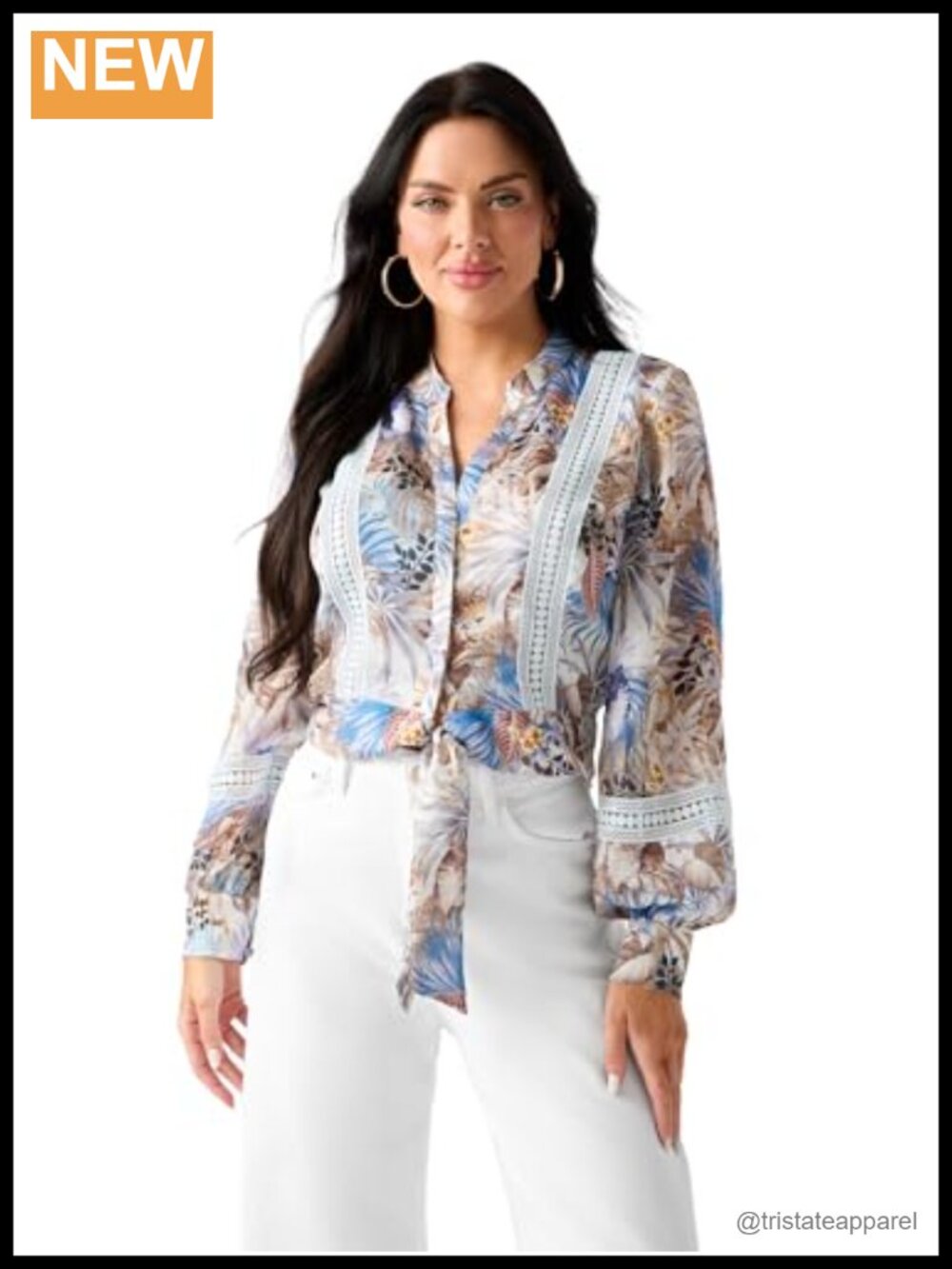 Eco Long Sleeve Tie Front Printed Chiffon Blouse V-Neck